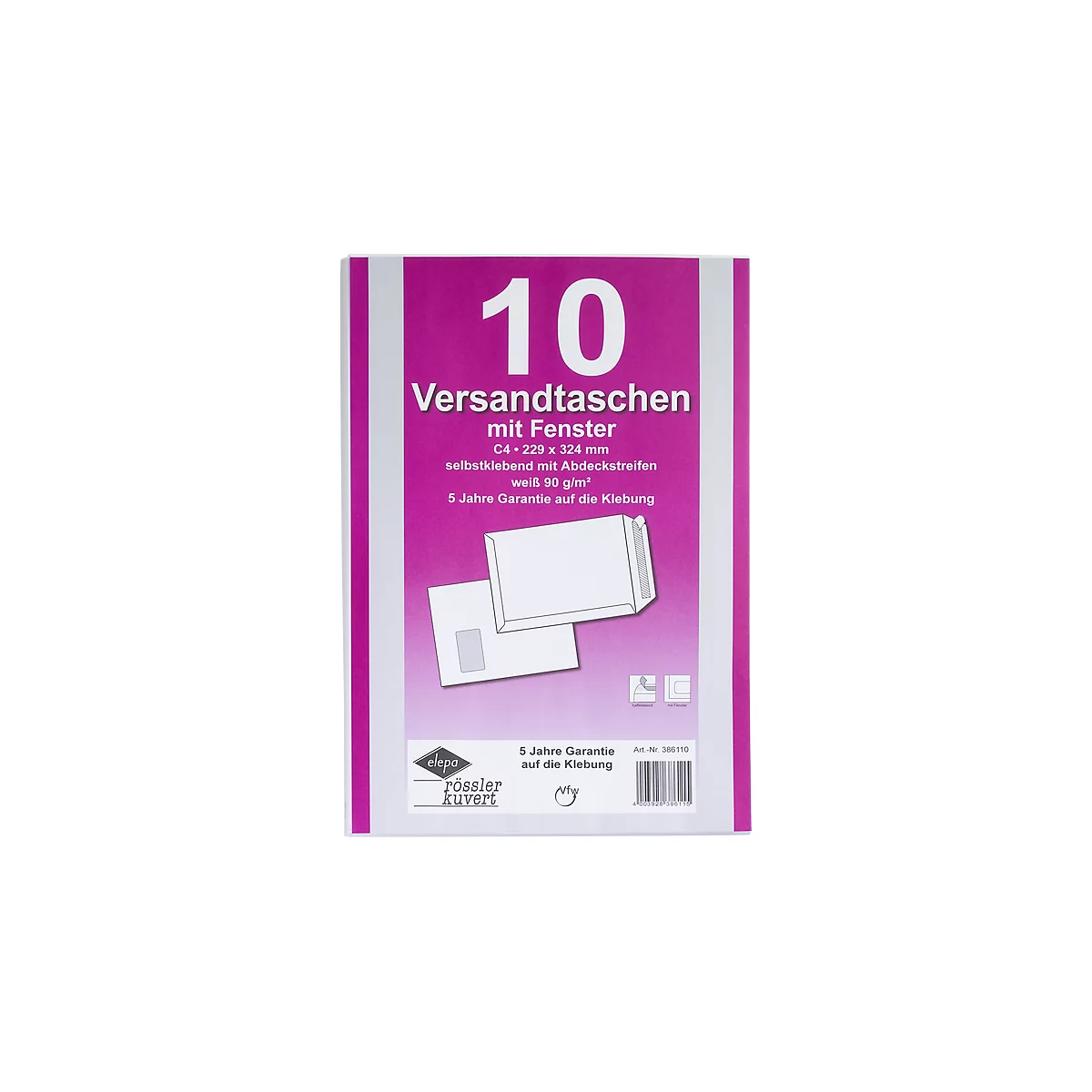 Verzendenveloppen, C4, met venster, klevend, 10 stuks