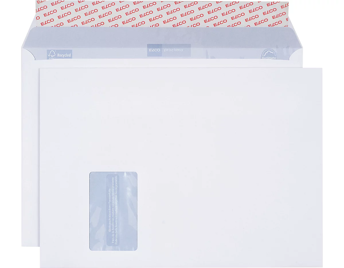 Verzendenveloppen Elco Proclima, C4, FSC-gecertificeerd oud papier, helderwit, met venster, 50 stuks