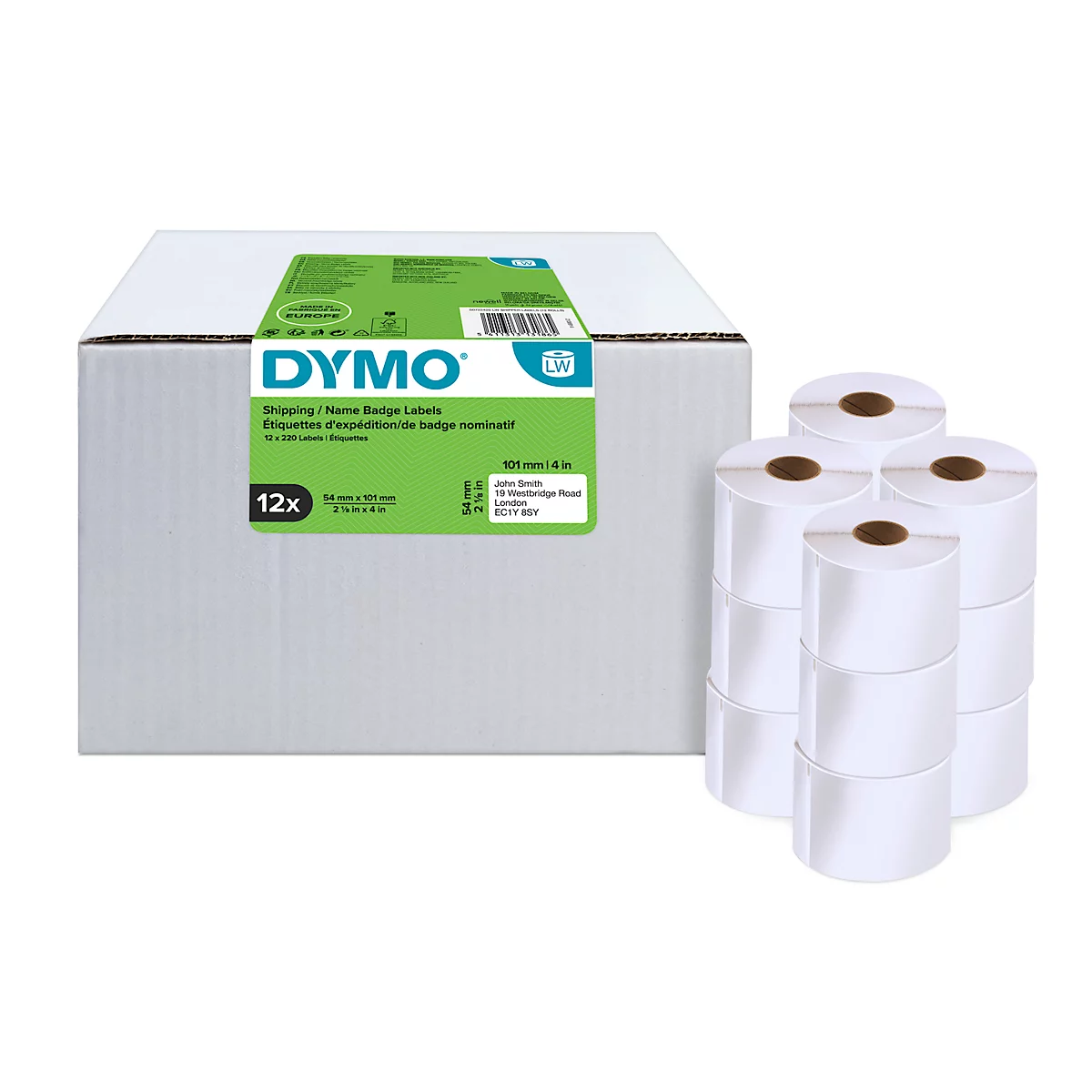 Verzendetiketten Dymo® S0722420, 54 x 101 mm, voor internetzegels, permanente kleefstof, papier, wit, 12 rollen met elk 220 stuks