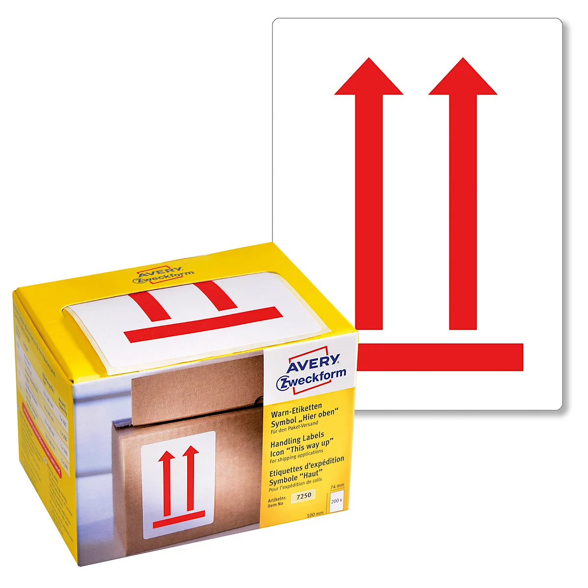 Gele doos met verzendlabels. Stickers tonen rode pijlen naar boven.