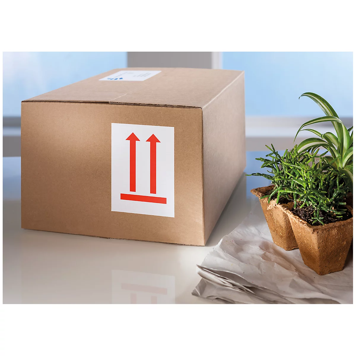 Een bruine kartonnen doos met stickers. Planten en bestek staan op tafel.