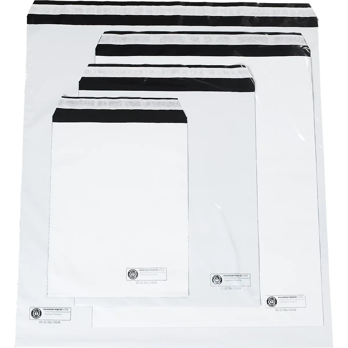 Verzendzakken, DHL conform, 400 x 500 mm, 1-voudige vaste sluiting &amp; flap van 50 mm, scheurbestendig, ondoorzichtig, Blue Angel, PCR coex film, 500 st.