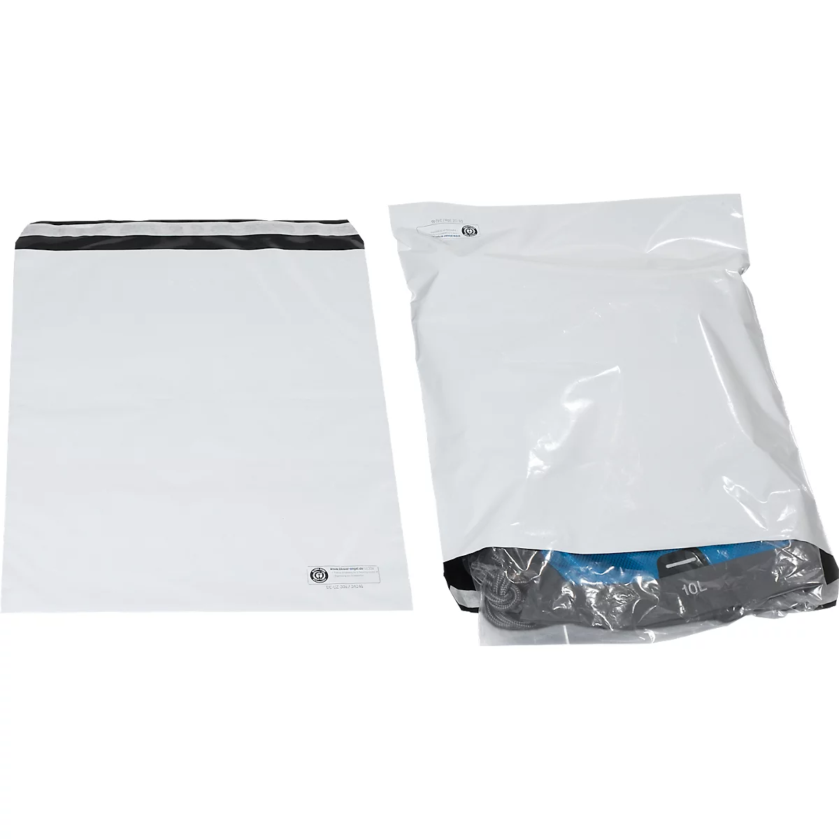 Verzendzakken, DHL conform, 400 x 500 mm, 1-voudige vaste sluiting &amp; flap van 50 mm, scheurbestendig, ondoorzichtig, Blue Angel, PCR coex film, 500 st.