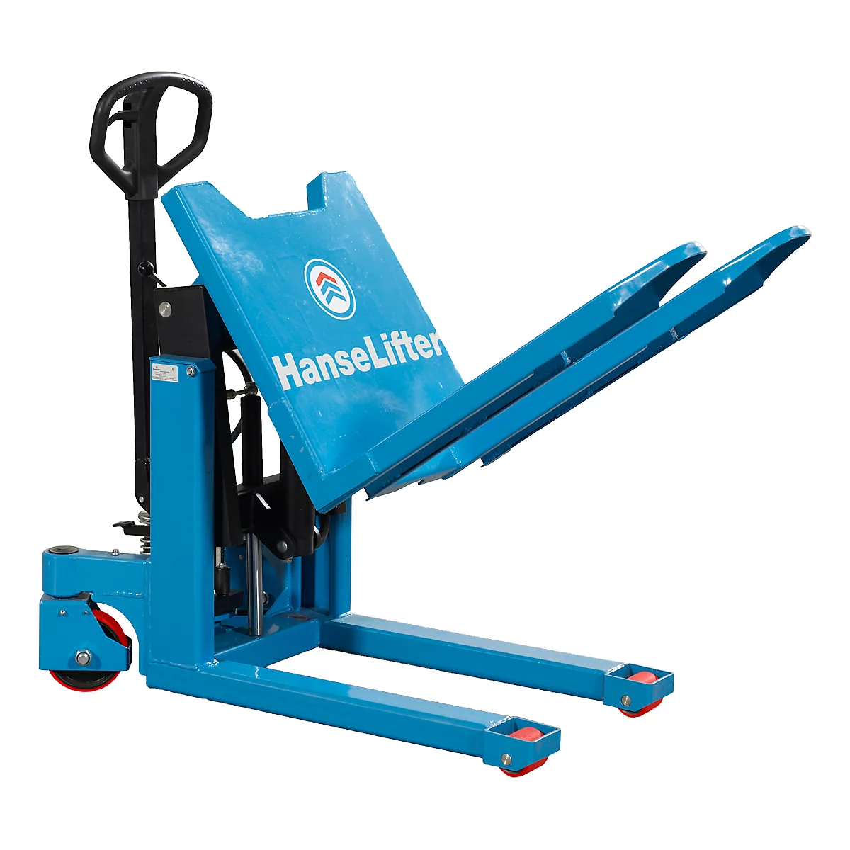 Blue hand pallet truck, "HanseLifter" lettering on the lifting plate. Forks pointing upwards, black handle.
