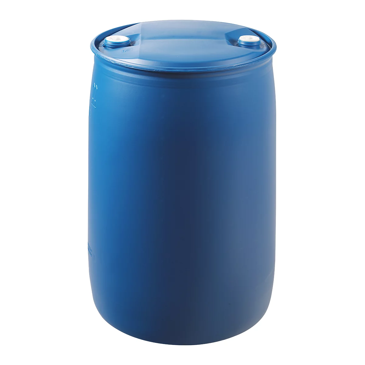Blue plastic barrel, lid with two white closures. Vertical structure, neutral background.