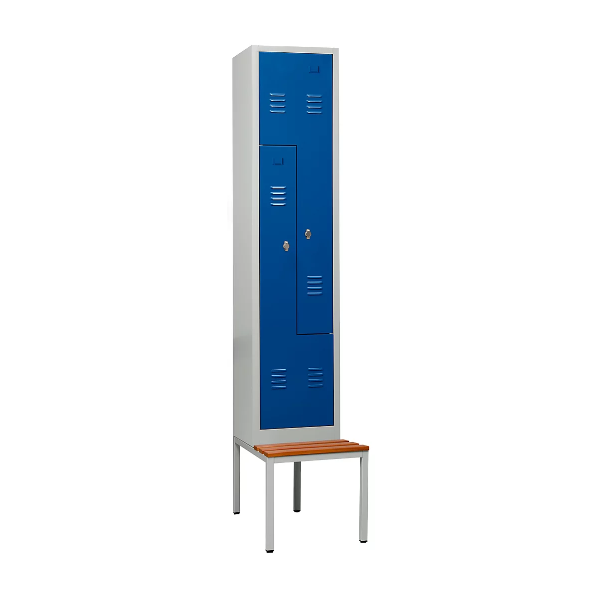 Vestiaire, 2 compartiments, avec banc, 2 compartiments, avec portes en Z, serrure à came batteuse, gris clair/bleu gentiane
