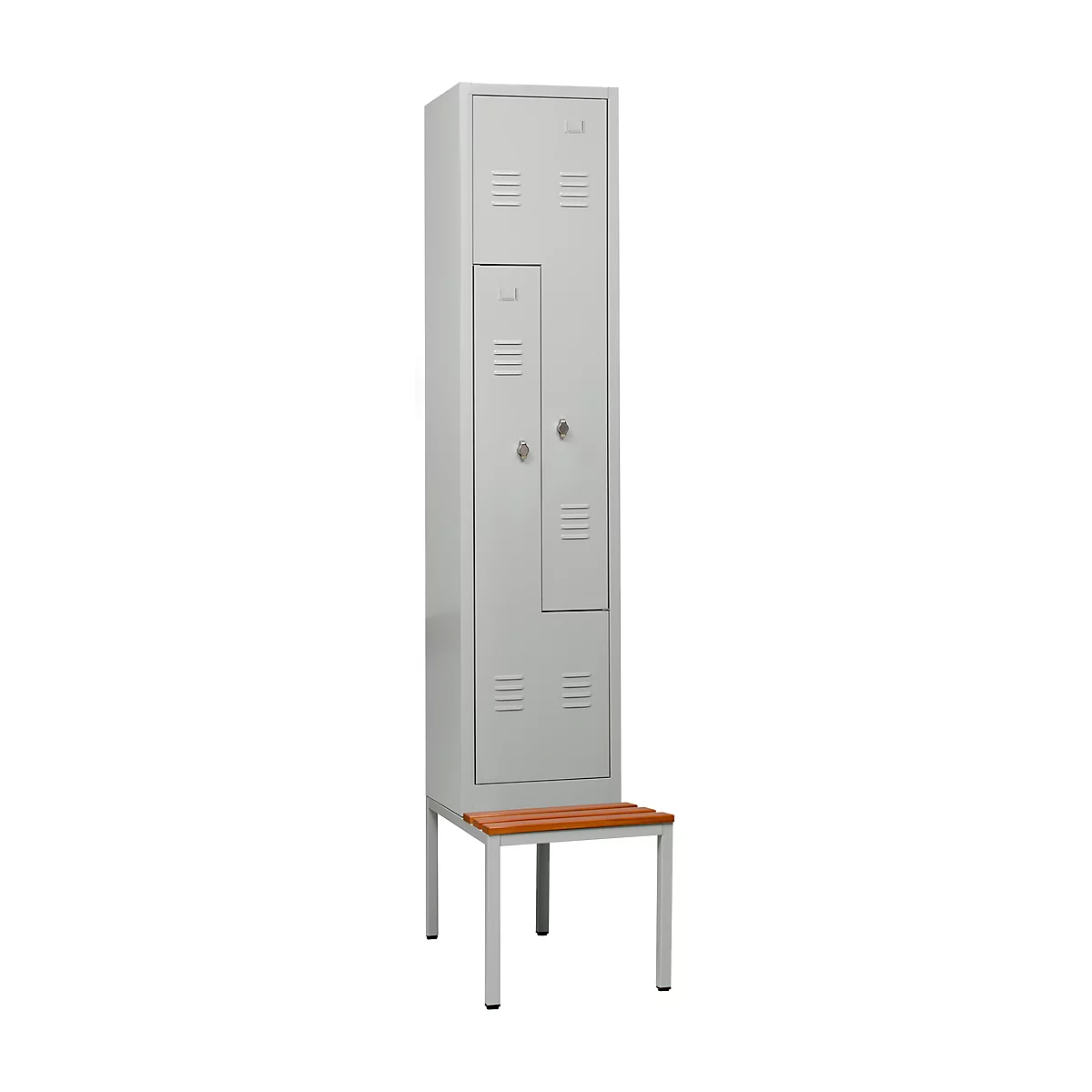 Vestiaire, 2 compartiments, avec banc, 2 compartiments, avec portes en Z, serrure à came batteuse, gris clair/gris clair