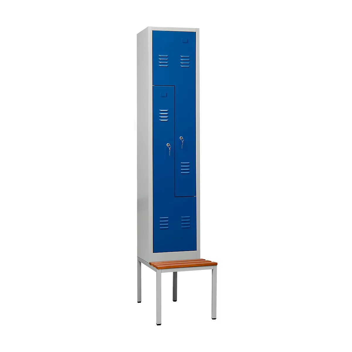 Vestiaire, 2 compartiments, avec banc, 2 compartiments, avec portes en Z, serrure à cylindre, gris clair/bleu gentiane