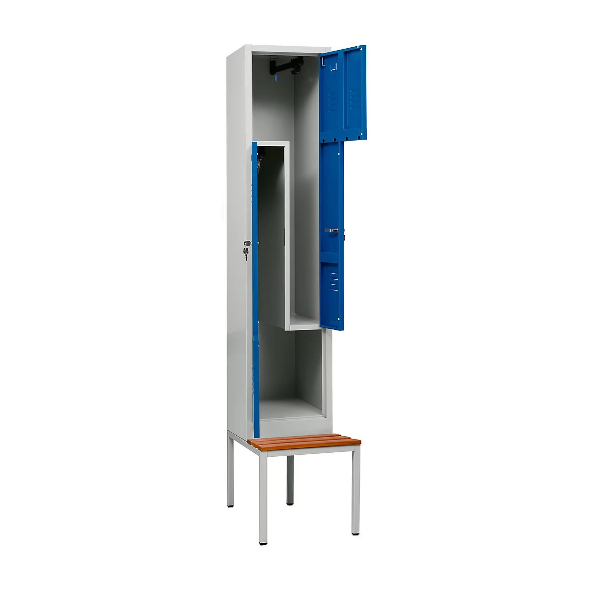 Vestiaire, 2 compartiments, avec banc, 2 compartiments, avec portes en Z, serrure à cylindre, gris clair/bleu gentiane