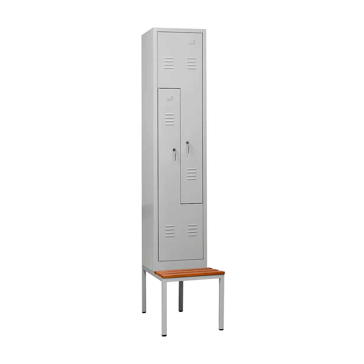 Vestiaire, 2 compartiments, avec banc, 2 compartiments, avec portes en Z, serrure à cylindre, gris clair/gris clair