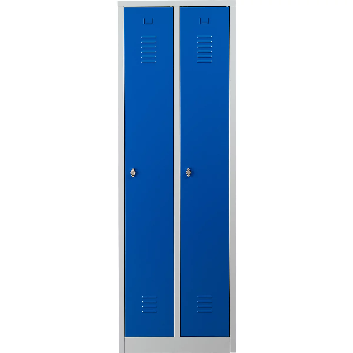 Armoire peinte en bleu avec deux portes, des poignées argentées et des fentes d'aération.