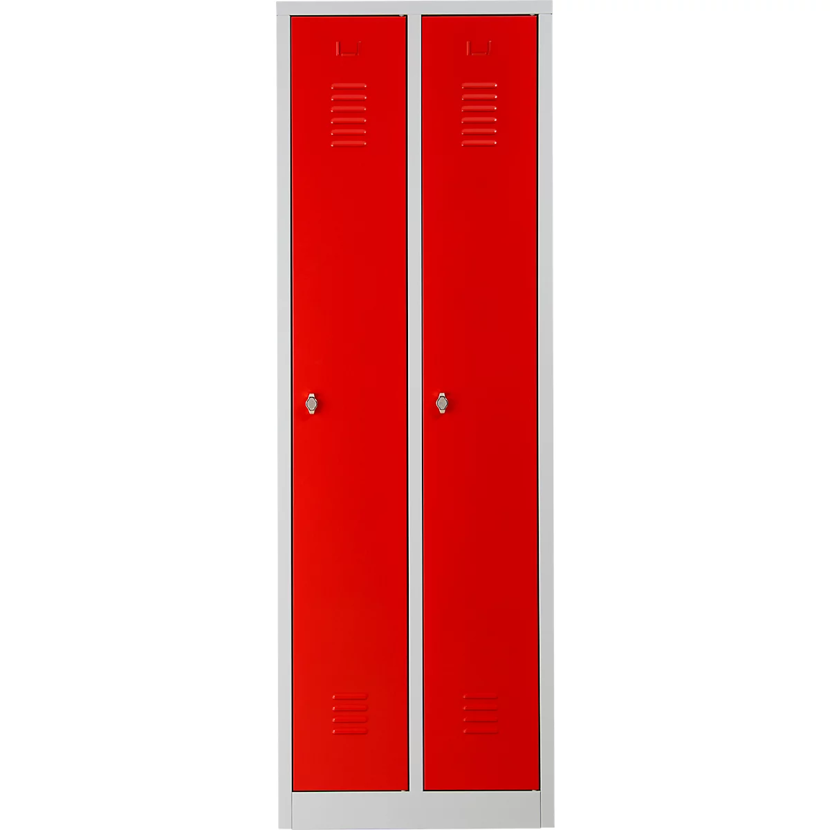 Deux portes de casier rouges avec poignées argentées et fentes de ventilation. Cadre gris.