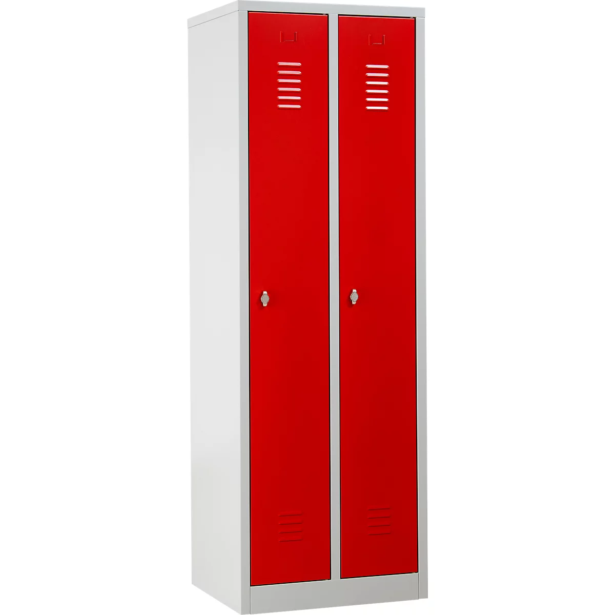 Un casier en acier blanc avec deux portes rouges. Chaque porte a des fentes de ventilation et une poignée.