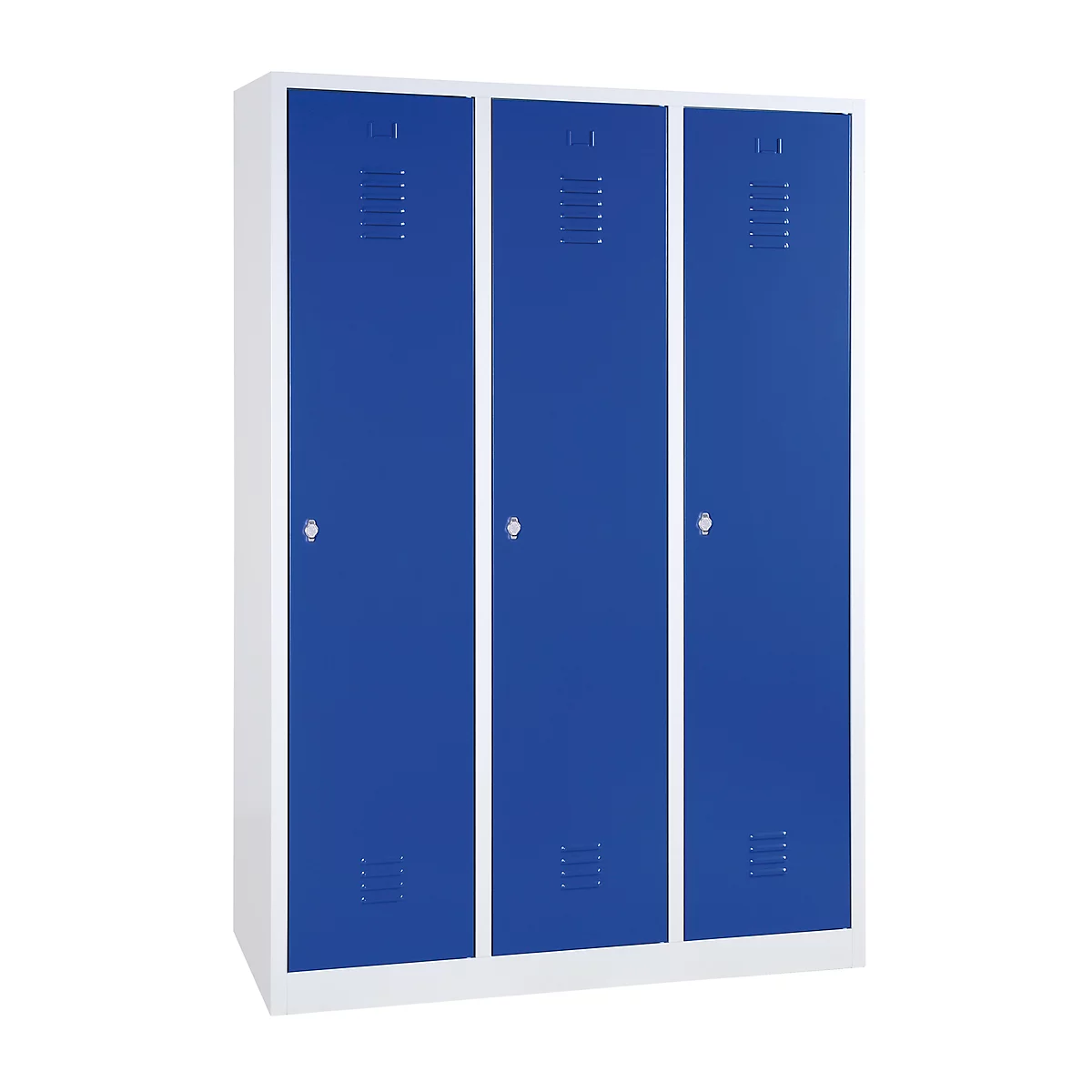 Vestiaire, 3 portes, l. 1200 x H 1800 mm, serrure à came batteuse, gris clair/bleu