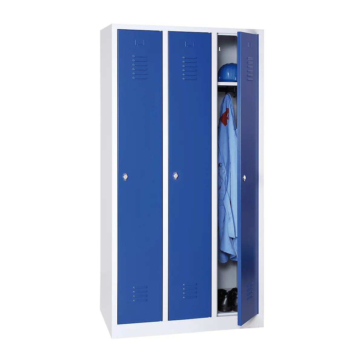 Vestiaire, 3 portes, l. 900 x H 1800 mm, serrure à came batteuse, gris clair/bleu