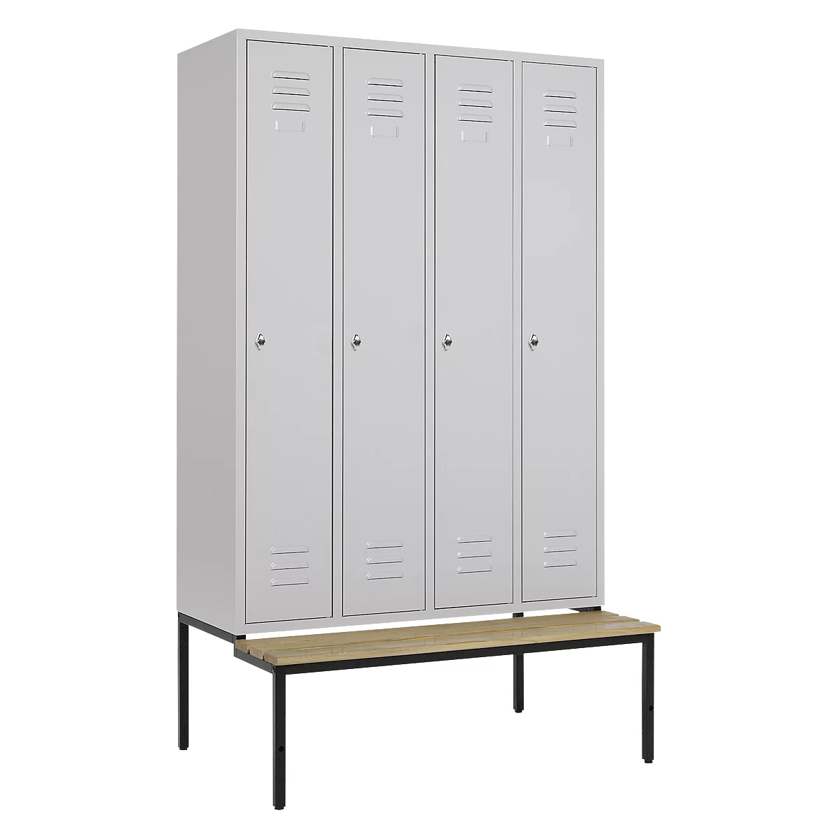 Vestiaire, 4 compartiments, 300 mm, serrure à came batteuse, avec banc, porte gris clair