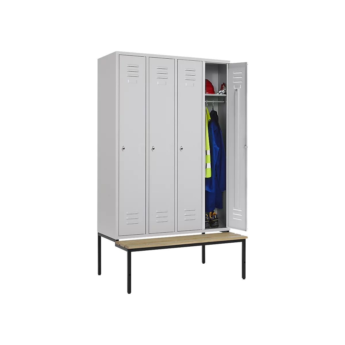 Vestiaire, 4 compartiments, 300 mm, serrure à came batteuse, avec banc, porte gris clair