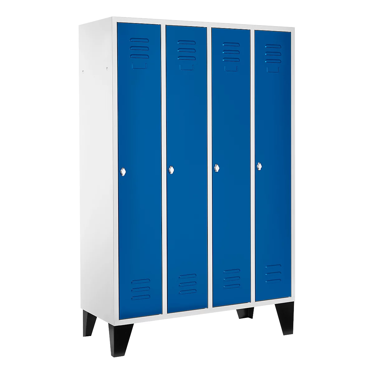 Vestiaire, 4 compartiments 300 mm, serrure à came batteuse, sur pieds, porte bleu gentiane