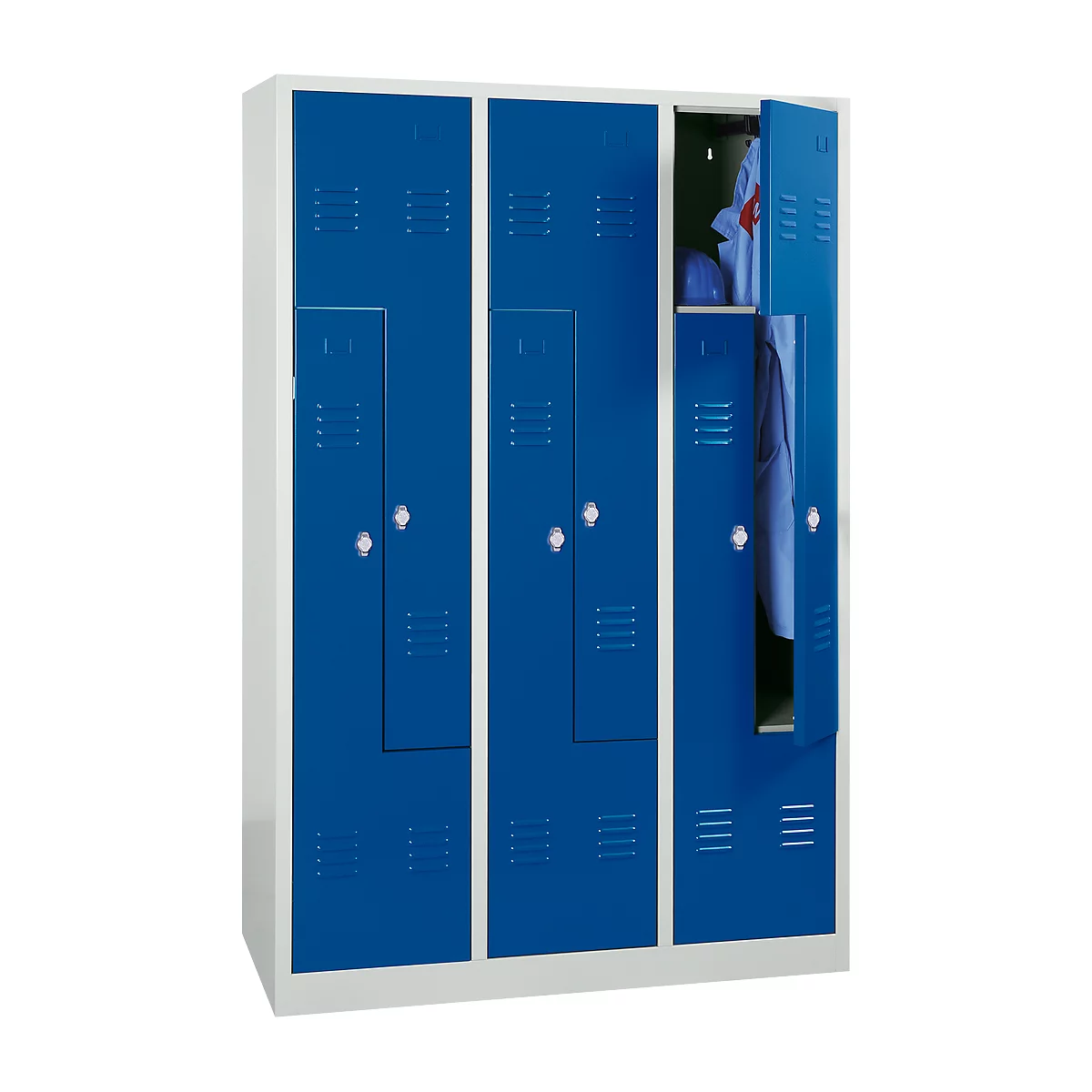 Vestiaire 6 compartiments, avec socle, 6 compartiments, avec portes en Z, verrou tournant, gris clair/bleu gentiane
