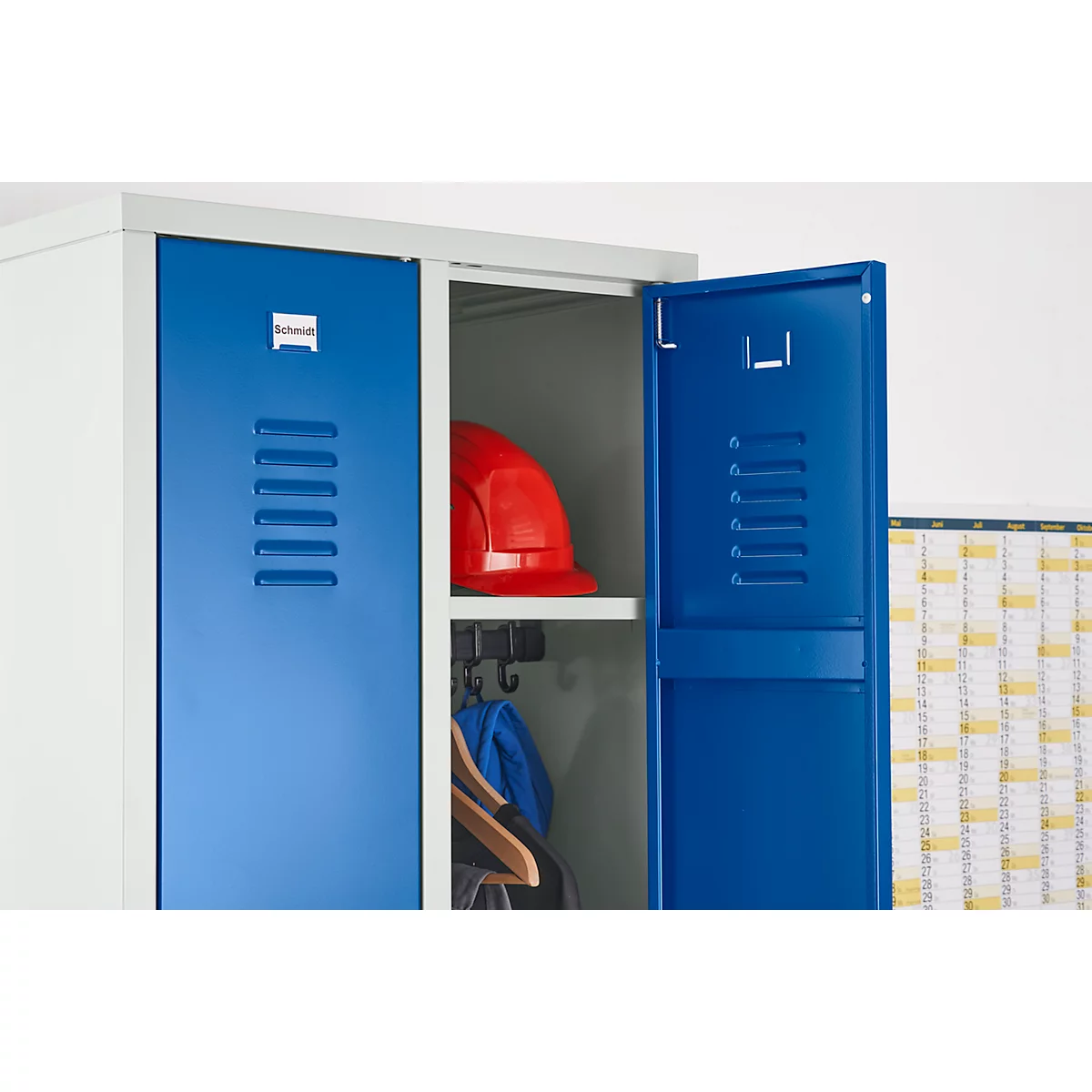 Vestiaire à 2 compartiments, L 600 x H 1800 mm, avec pieds, serrure à loquet rotatif, gris clair/bleu gentiane