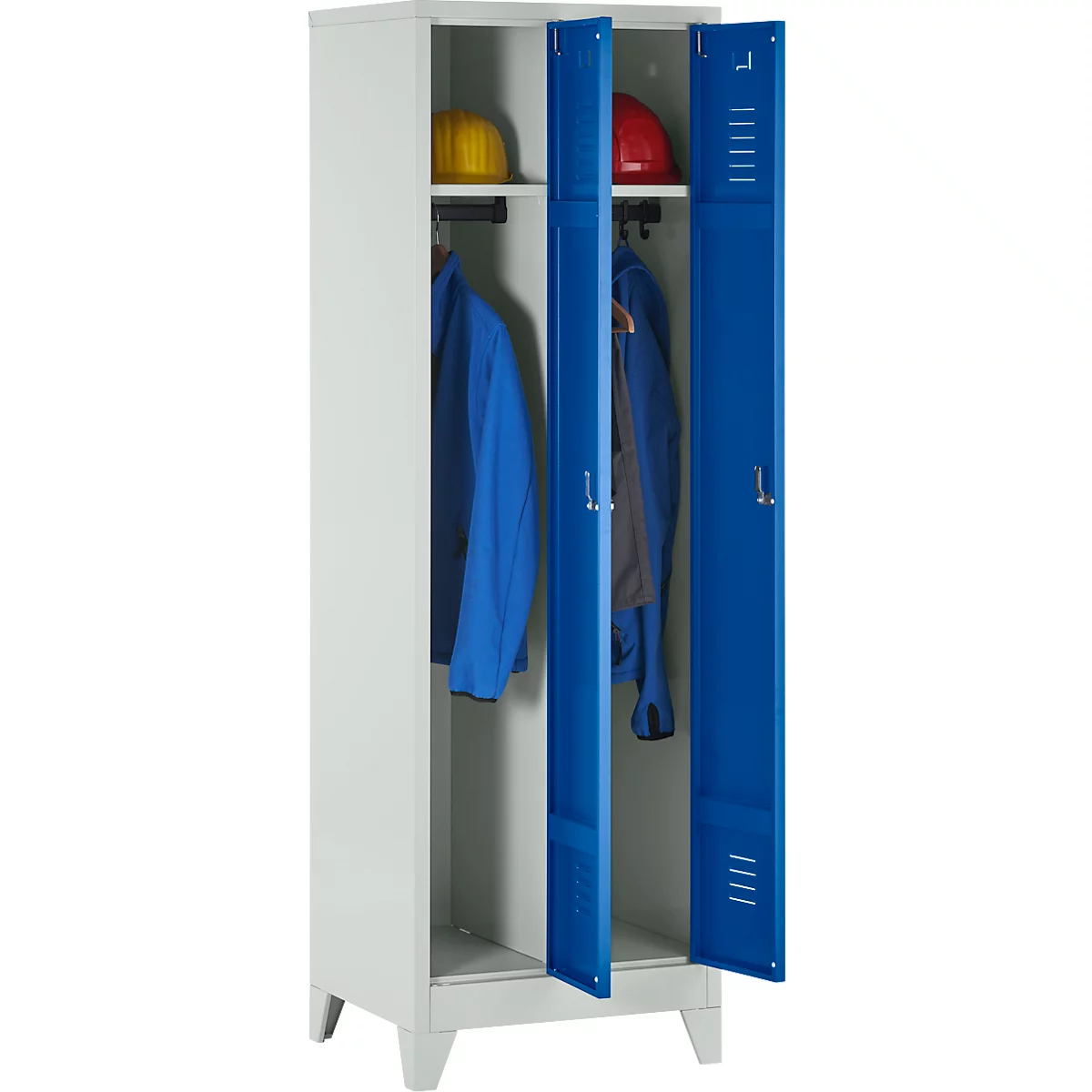 Vestiaire à 2 compartiments, L 600 x H 1800 mm, avec pieds, serrure à loquet rotatif, gris clair/bleu gentiane