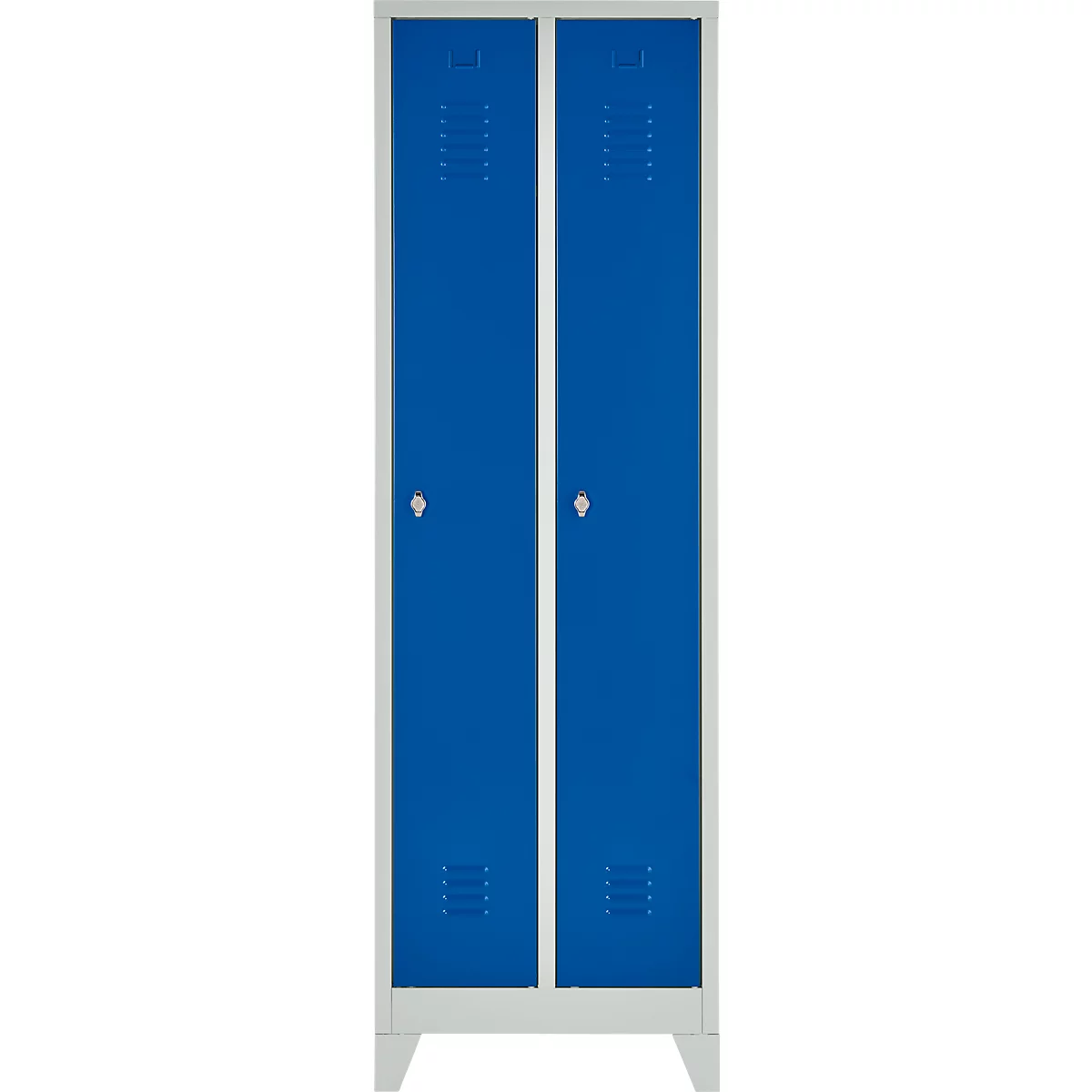 Vestiaire à 2 compartiments, L 600 x H 1800 mm, avec pieds, serrure à loquet rotatif, gris clair/bleu gentiane