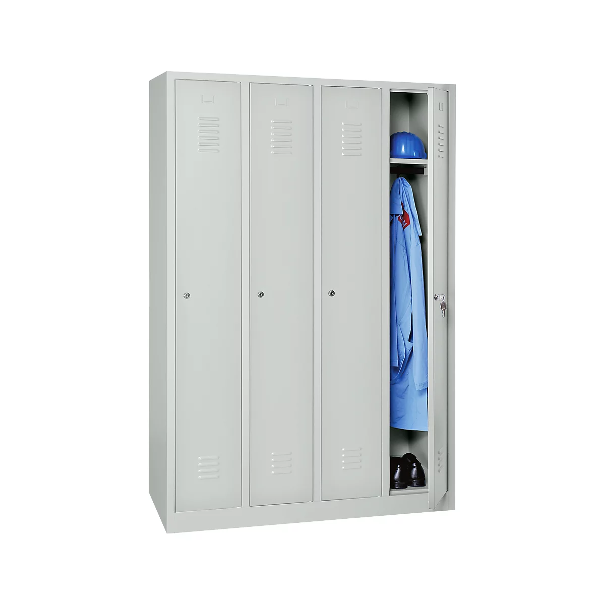 Vestiaire à 4 compartiments, sur socle, L 1170 x P 300 x H 1800 mm, serrure à cylindre, gris clair