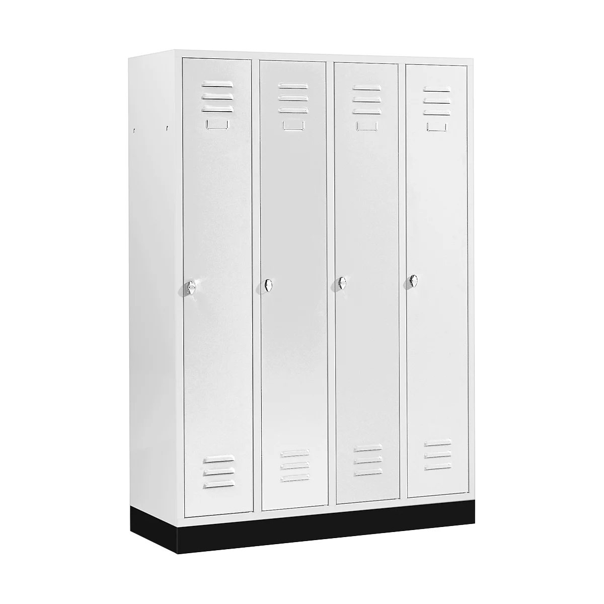 Vestiaire à 4 compartiments, sur socle, L 1230 x P 500 x H 1800 mm, serrure à loquet rotatif, gris clair