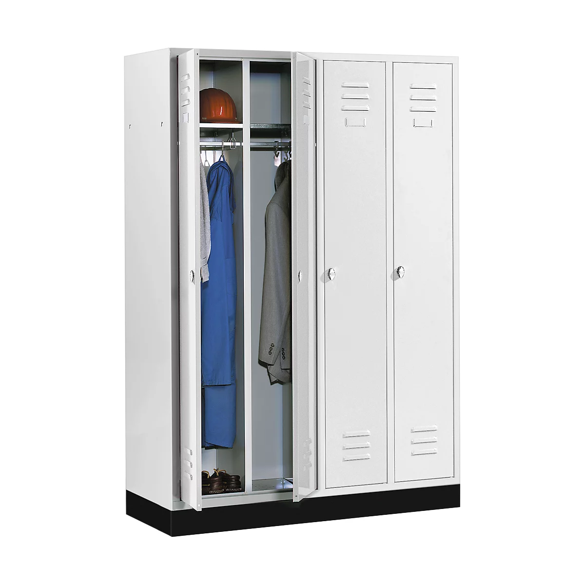 Vestiaire à 4 compartiments, sur socle, L 1230 x P 500 x H 1800 mm, serrure à loquet rotatif, gris clair