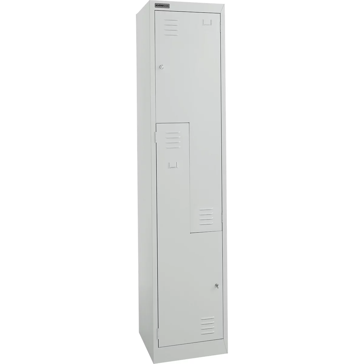 Armoire en acier grise, à deux portes, avec fentes de ventilation. L'armoire a une petite serrure.