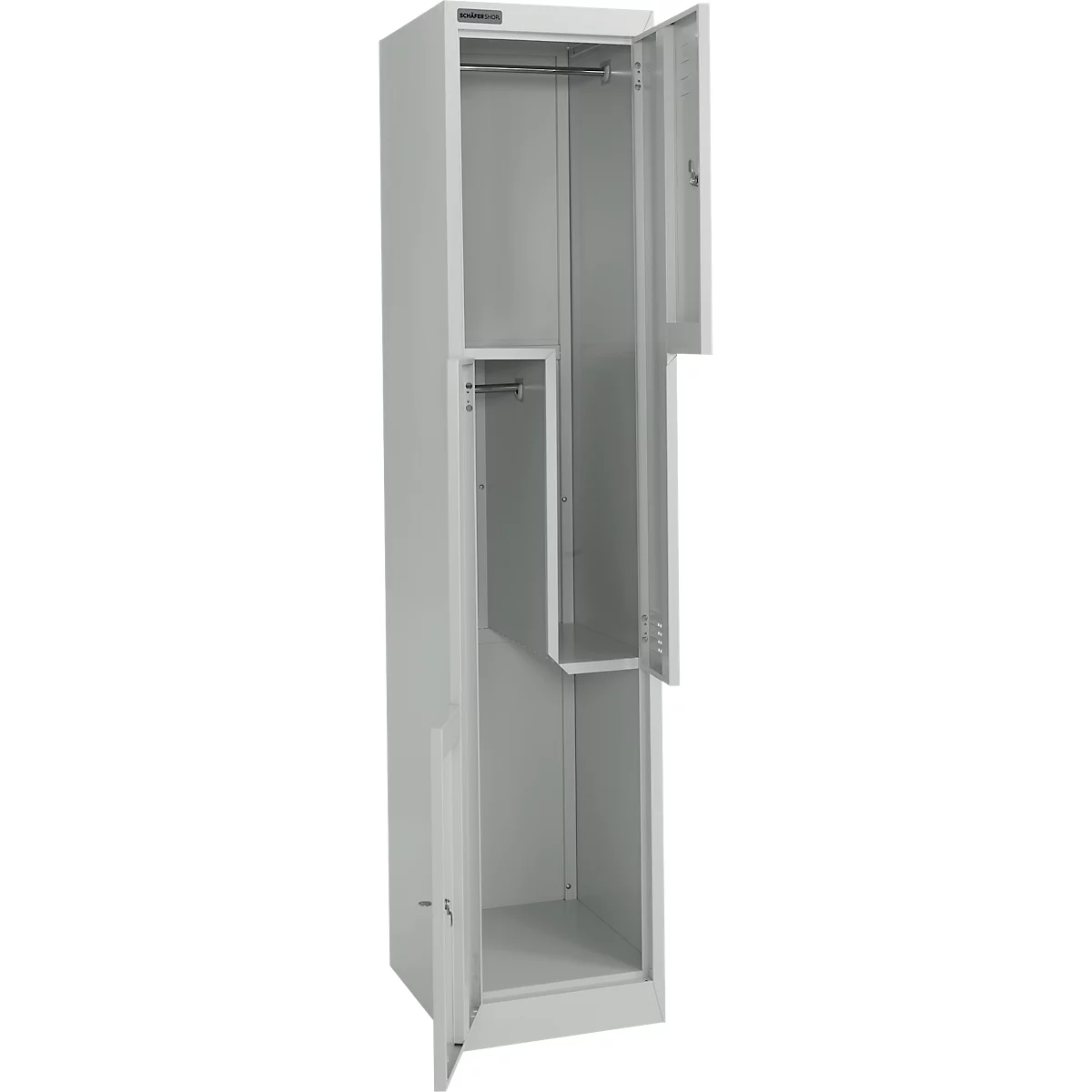 Armoire métallique grise avec portes ouvertes, aperçu de l'intérieur. Deux barres à vêtements et une étagère sont visibles.