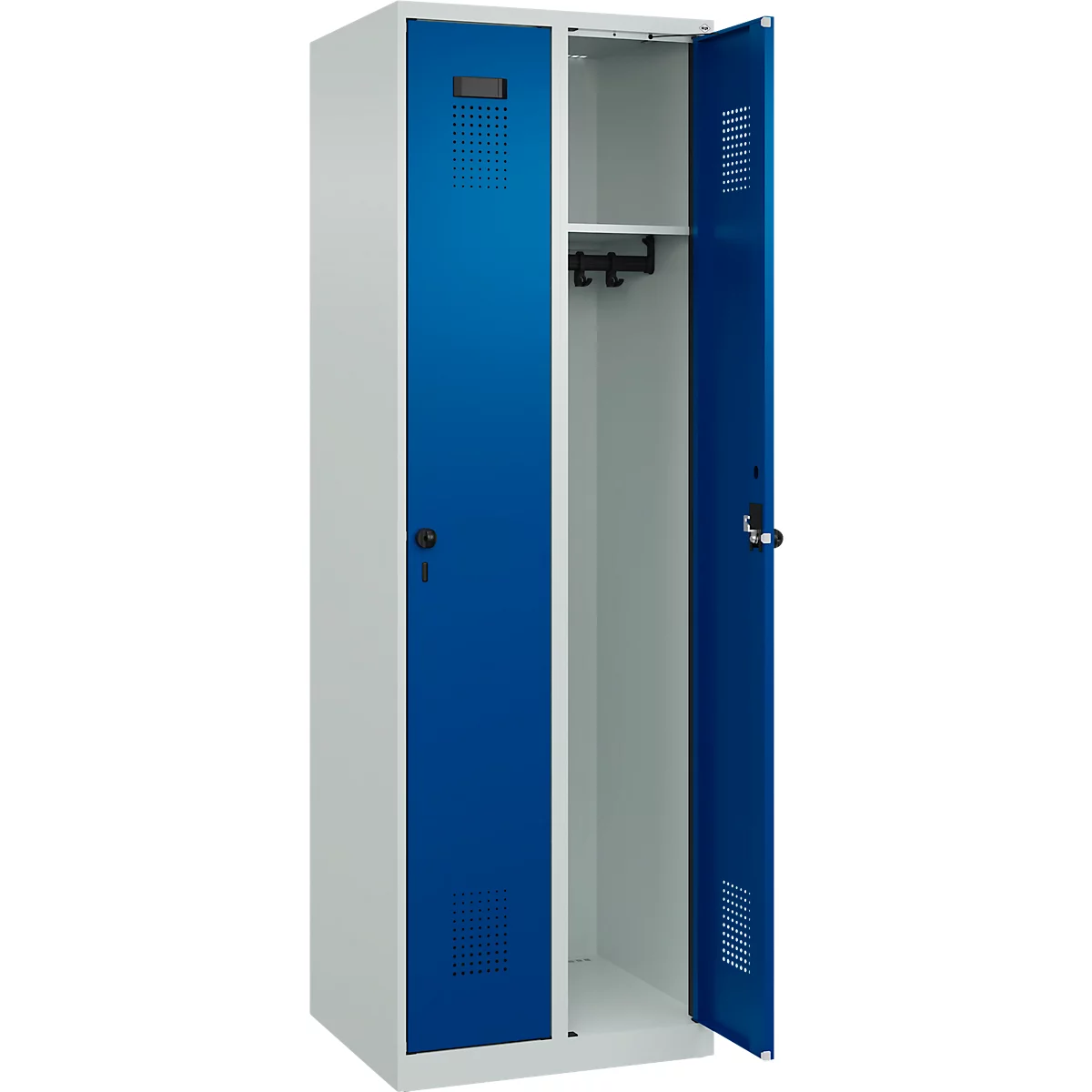 Vestiaire C+P Evolo Plus, 2 compartiments, charnières à droite, fermeture à loquet rotatif, L 600 x P 500 x H 1850 mm, gris clair/bleu clair