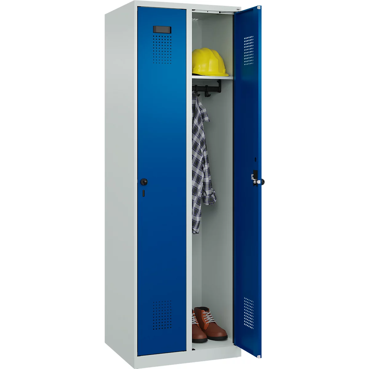 Vestiaire C+P Evolo Plus, 2 compartiments, charnières à droite, fermeture à loquet rotatif, L 600 x P 500 x H 1850 mm, gris clair/bleu clair