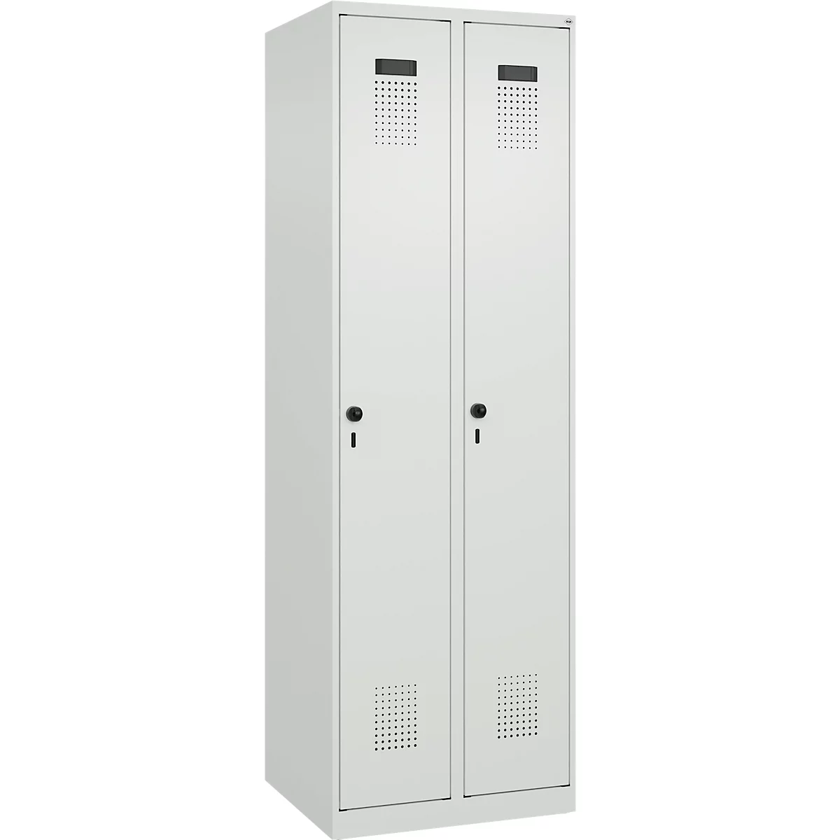 Vestiaire C+P Evolo Plus, 2 compartiments, charnières à droite, fermeture à loquet rotatif, L 600 x P 500 x H 1850 mm, gris clair/gris clair