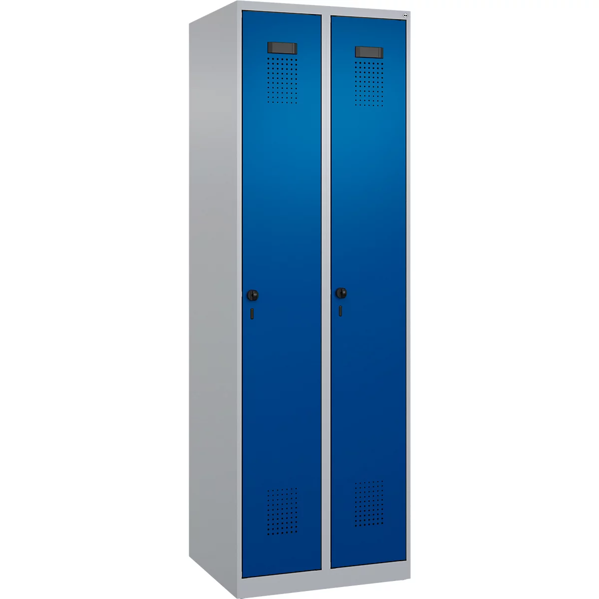 Vestiaire C+P Evolo Plus, 2 compartiments, charnières à droite, fermeture de sécurité rotative, butée soft, L 600 x P 500 x H 1850 mm, aluminium blanc/bleu gentiane