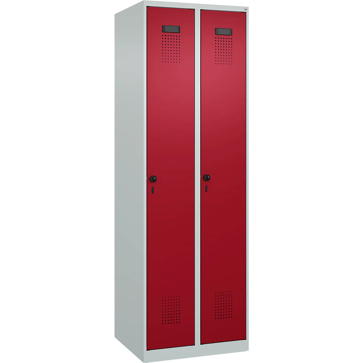 Vestiaire C+P Evolo Plus, 2 compartiments, charnières à droite, fermeture de sécurité rotative, butée soft, L 600 x P 500 x H 1850 mm, gris clair/rouge rubis