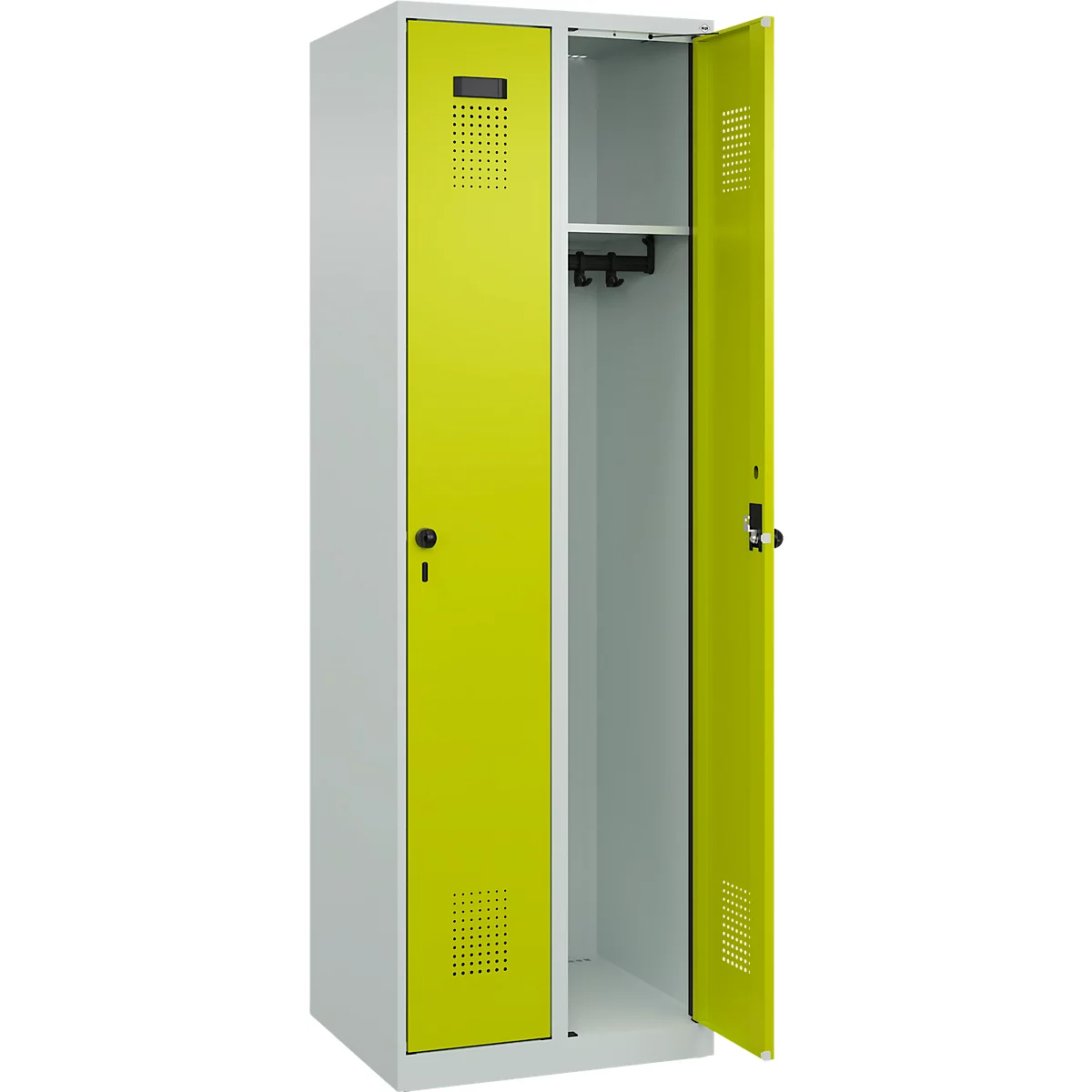 Vestiaire C+P Evolo Plus, 2 compartiments, charnières à droite, fermeture de sécurité rotative, butée soft, L 600 x P 500 x H 1850 mm, gris clair/vert clown