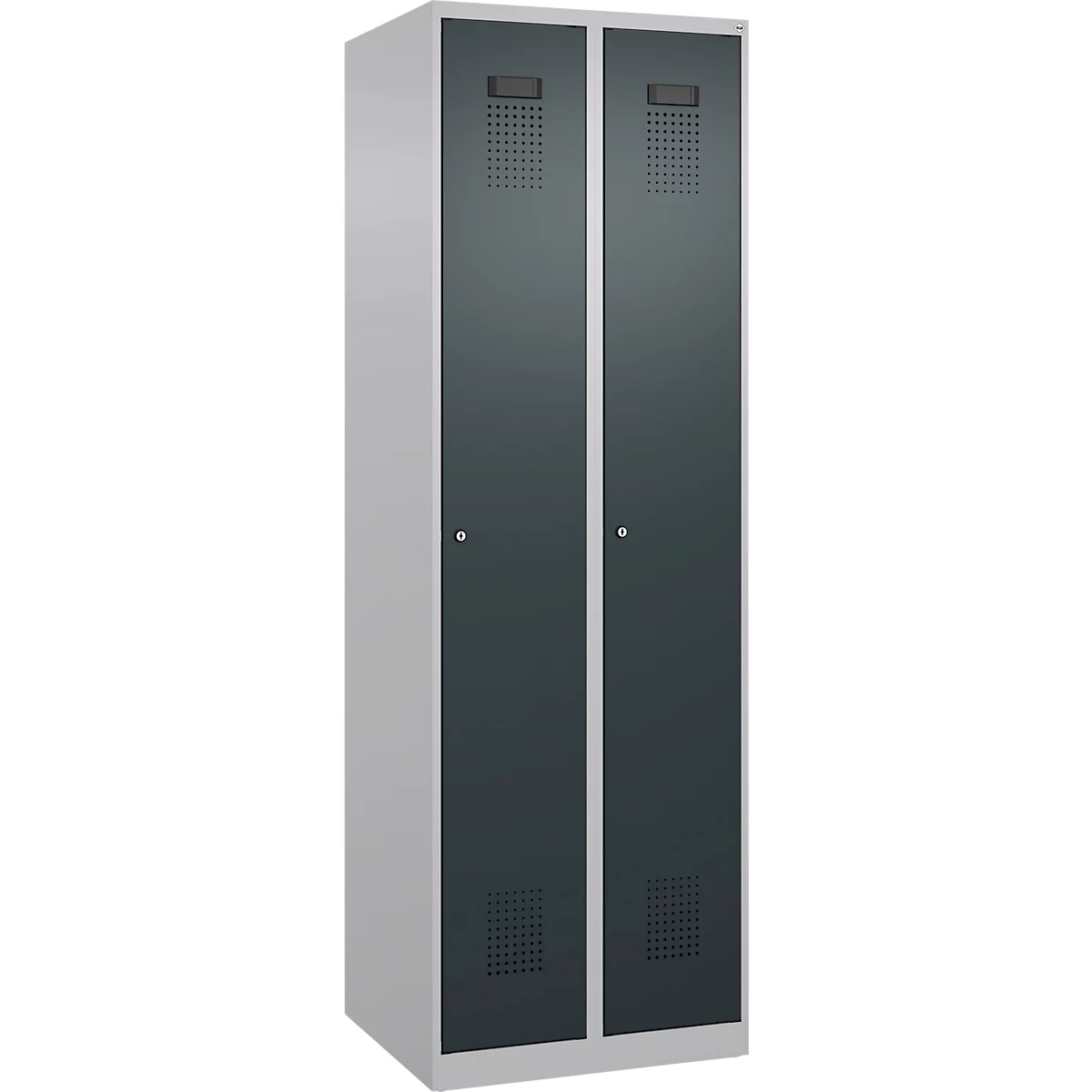 Vestiaire C+P Evolo Plus, 2 compartiments, charnières à droite, serrure à cylindre, butée soft, L 600 x P 500 x H 1850 mm, aluminium blanc/gris anthracite