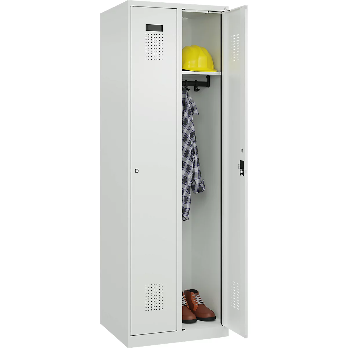 Vestiaire C+P Evolo Plus, 2 compartiments, charnières à droite, serrure à cylindre, butée soft, L 600 x P 500 x H 1850 mm, gris clair/gris clair