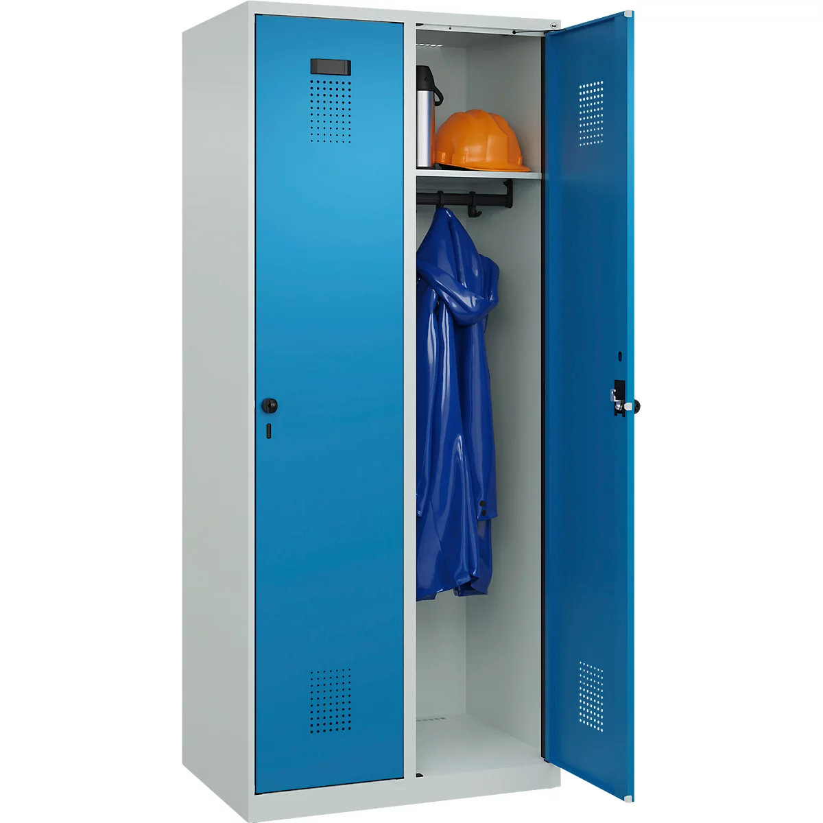 Vestiaire C+P Evolo Plus, 2 compartiments, charnières à droite, verrou rotatif de sécurité, L 800 x P 500 x H 1850 mm, gris clair/bleu clair