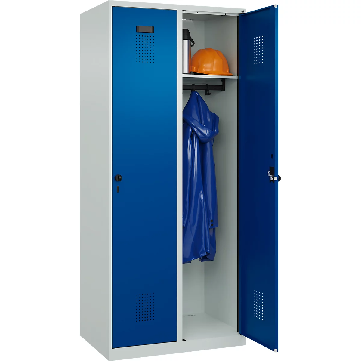 Vestiaire C+P Evolo Plus, 2 compartiments, charnières à droite, verrou rotatif de sécurité, L 800 x P 500 x H 1850 mm, gris clair/bleu gentiane