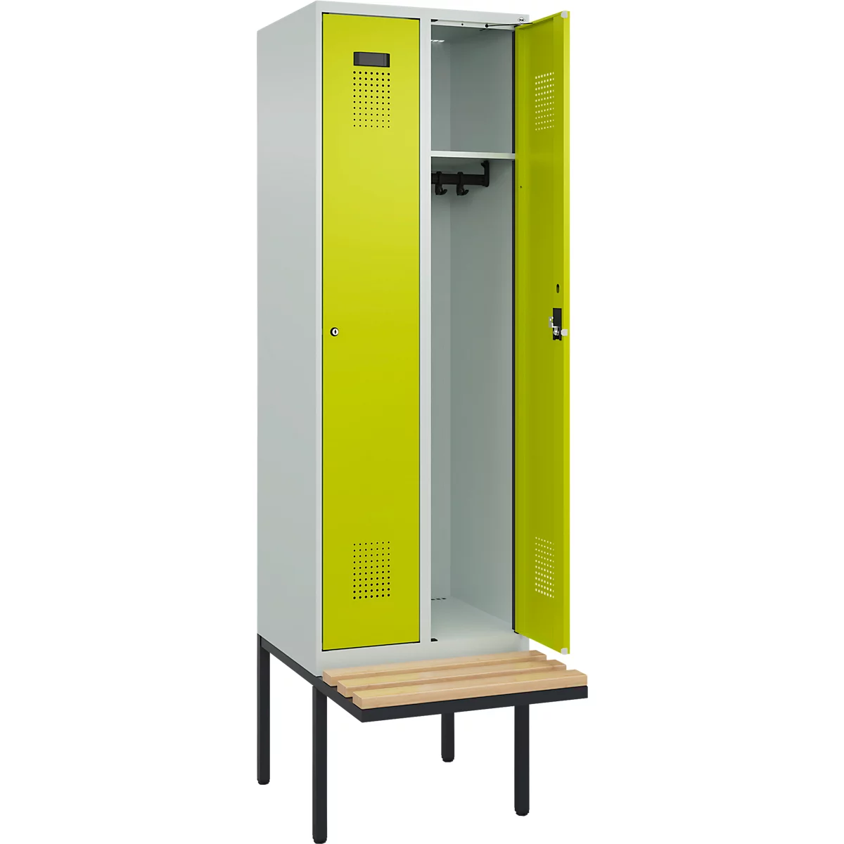 Vestiaire C+P Evolo Plus, 2 compartiments de 300 mm de large, banquette flottante, L 600 x P 815 x H 2120 mm, cylindre, gris clair/vert clown