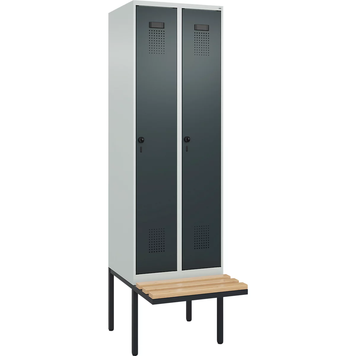 Vestiaire C+P Evolo Plus, 2 compartiments de 300 mm de large, banquette flottante, L 600 x P 815 x H 2120 mm, loquet rotatif, gris clair/gris anthracite