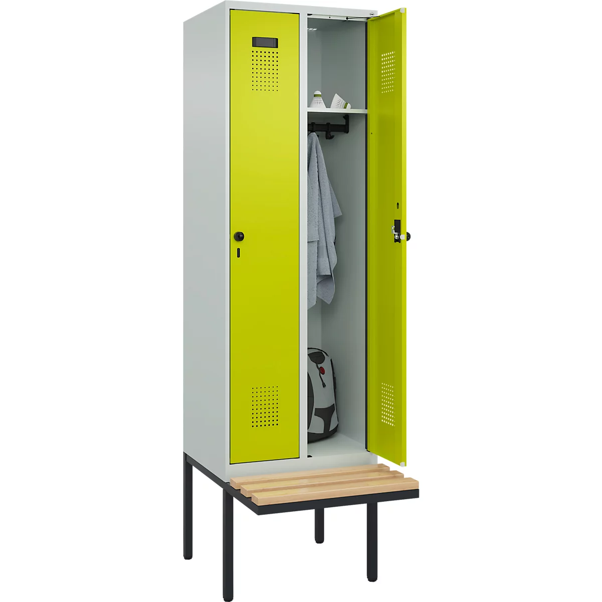 Vestiaire C+P Evolo Plus, 2 compartiments de 300 mm de large, banquette flottante, L 600 x P 815 x H 2120 mm, loquet rotatif, gris clair/vert clown