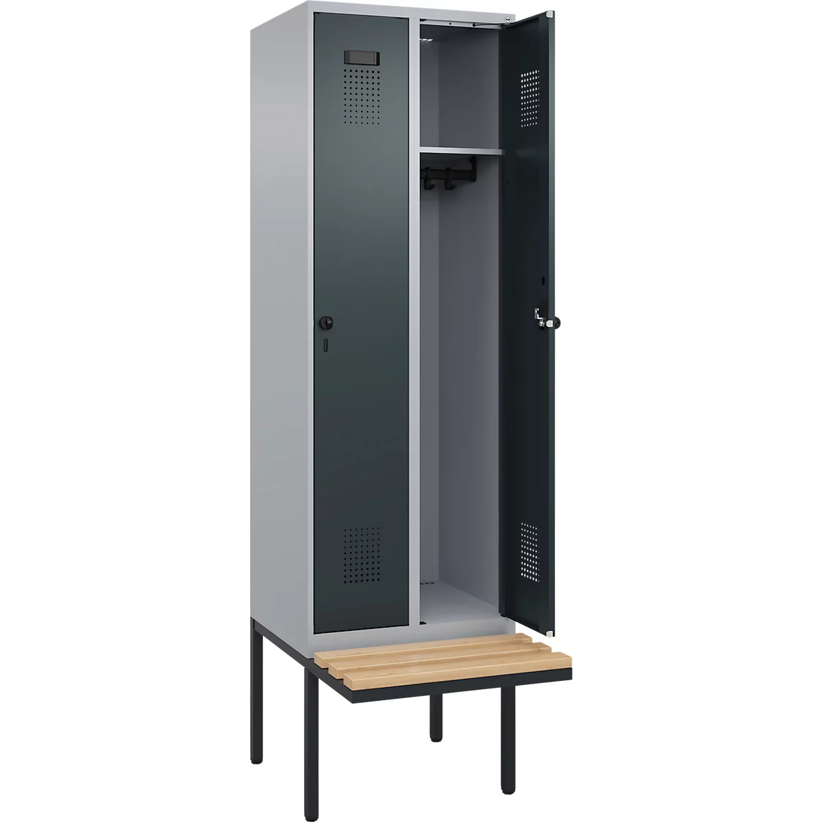 Vestiaire C+P Evolo Plus, 2 compartiments de 300 mm de large, banquette flottante, L 600 x P 815 x H 2120 mm, verrou tournant, aluminium blanc/gris anthracite