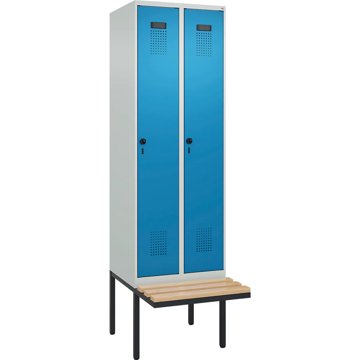 Vestiaire C+P Evolo Plus, 2 compartiments de 300 mm de large, banquette flottante, L 600 x P 815 x H 2120 mm, verrou tournant, bleu clair/gris clair
