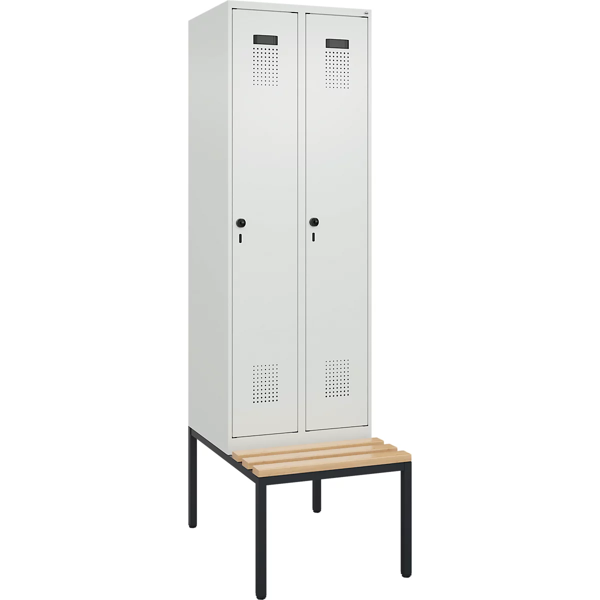 Vestiaire C+P Evolo Plus, 2 compartiments de 300 mm de large chacun, banquette sous le meuble, L 600 x P 815 x H 2120 mm, loquet rotatif, gris clair/gris clair