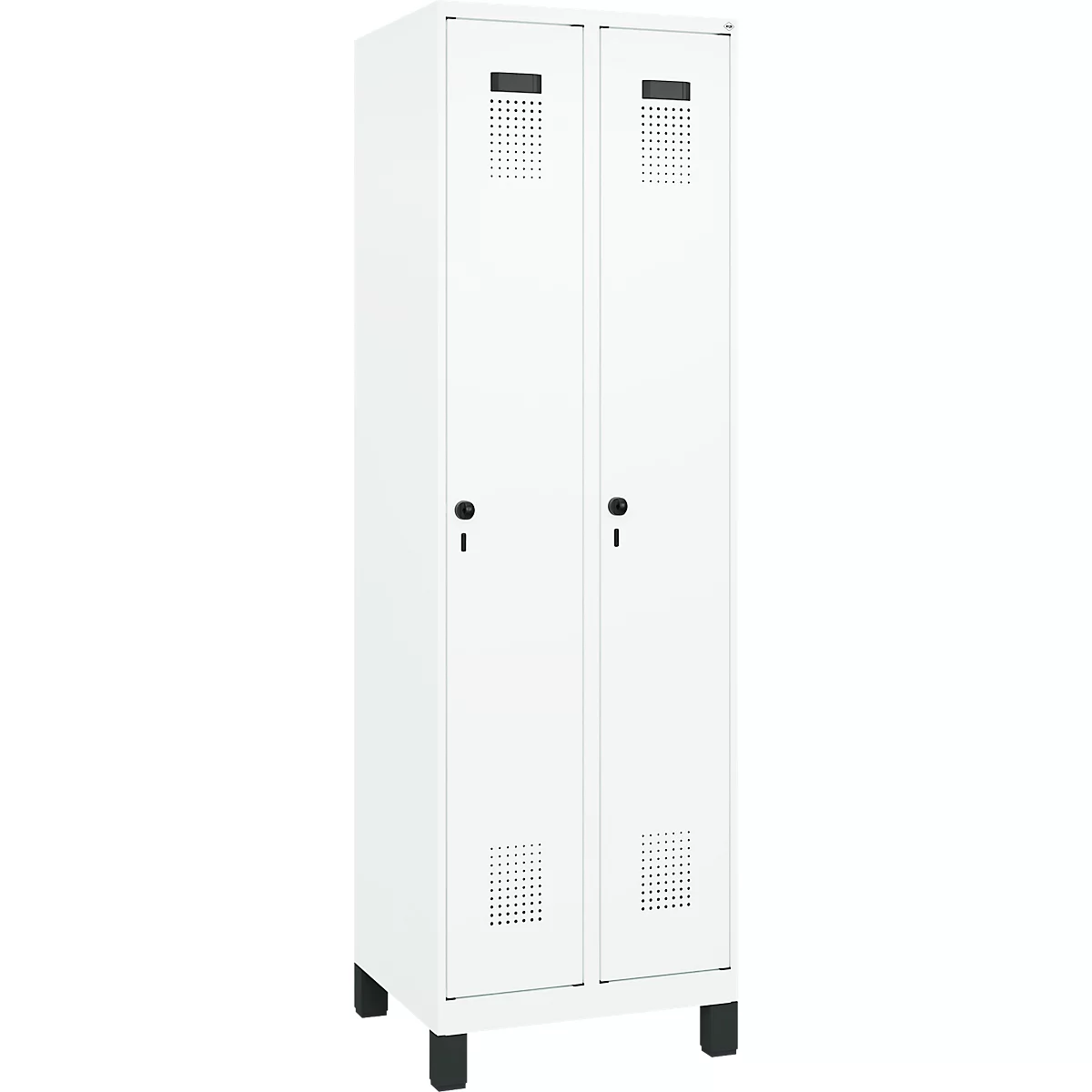 Vestiaire C+P Evolo Plus, 2 compartiments, largeur 300 mm, avec pieds, verrou rotatif de sécurité, L 600 x P 500 x H 1950 mm, blanc signalisation/blanc trafic