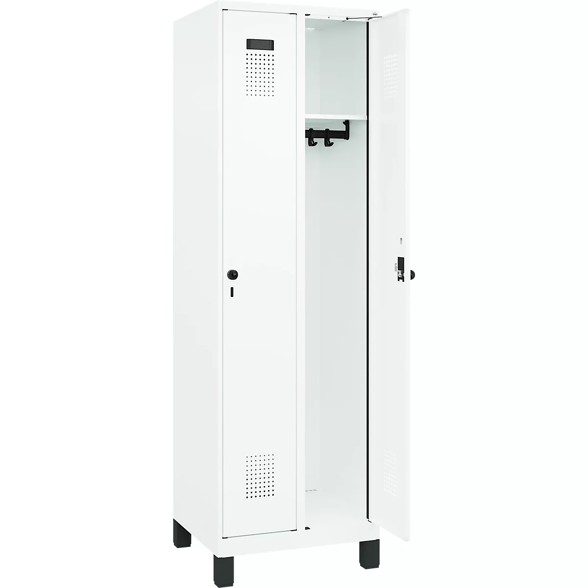 Vestiaire C+P Evolo Plus, 2 compartiments, largeur 300 mm, avec pieds, verrou rotatif de sécurité, L 600 x P 500 x H 1950 mm, blanc signalisation/blanc trafic