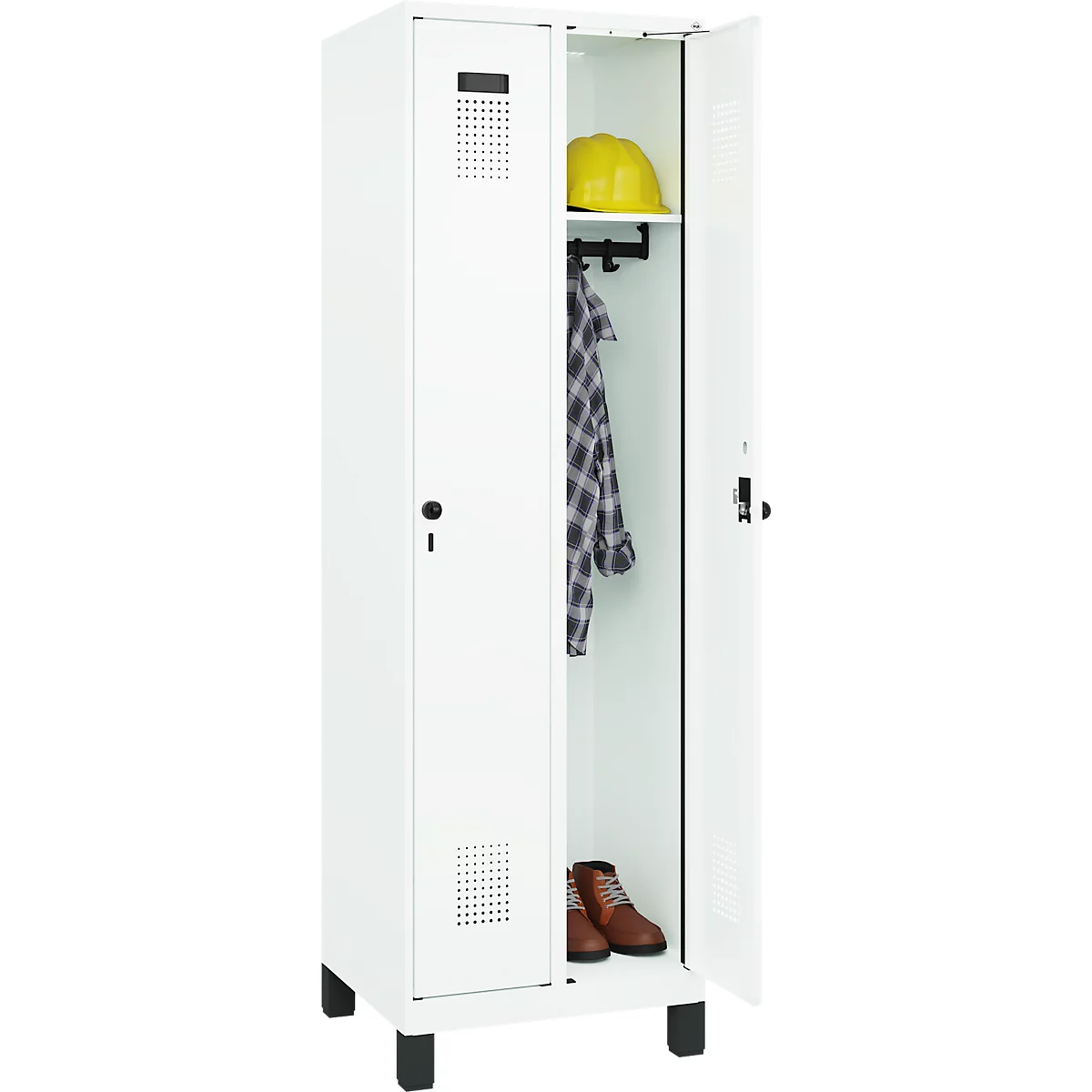 Vestiaire C+P Evolo Plus, 2 compartiments, largeur 300 mm, avec pieds, verrou rotatif de sécurité, L 600 x P 500 x H 1950 mm, blanc signalisation/blanc trafic